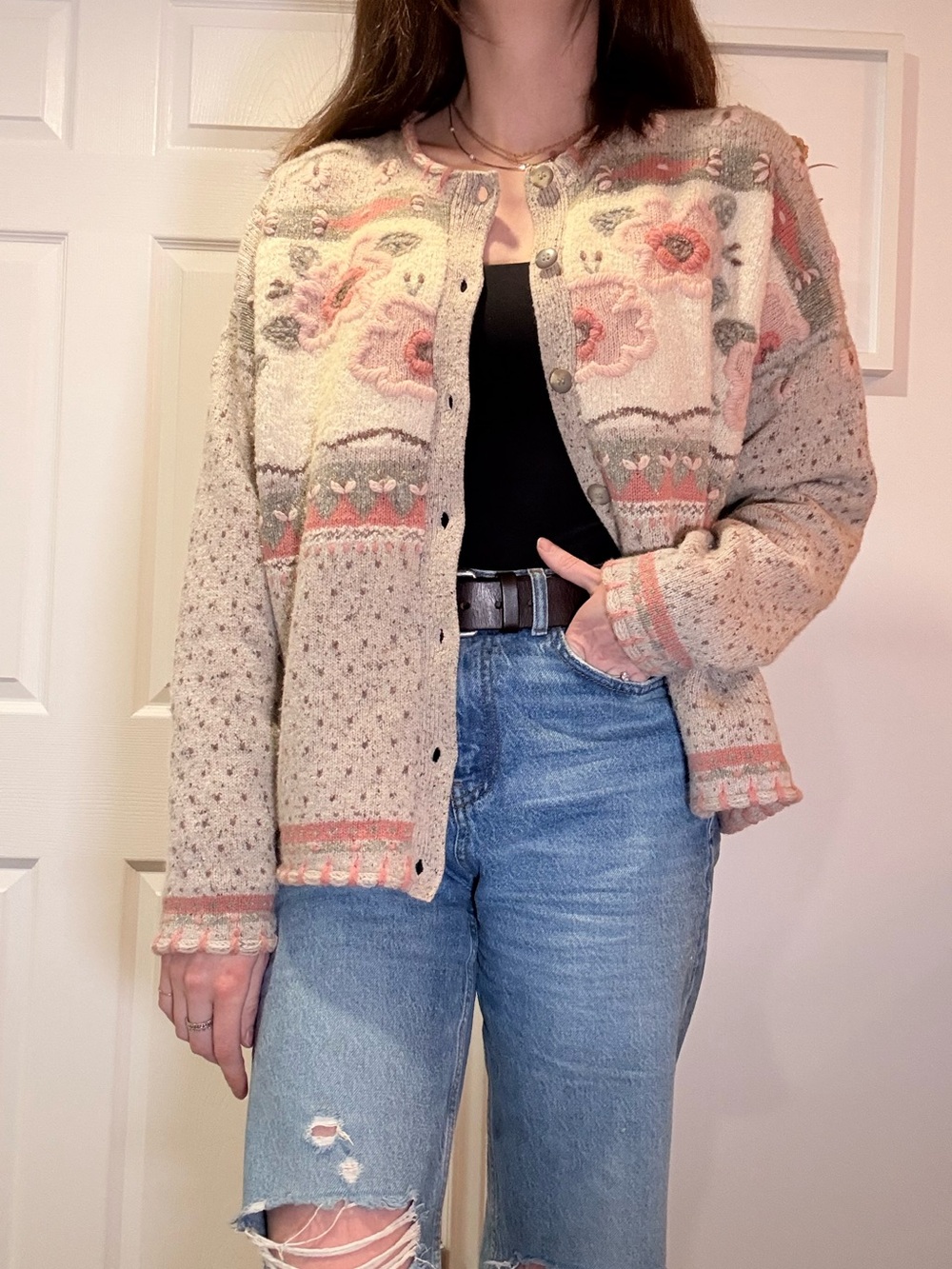 Woodwick Floral Lambswool, Wool, Silk & Other Fibres Knit Button Cardigan